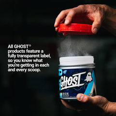 Ghost Size V3 shake in glass—post workout hydration with neutral flavor.
