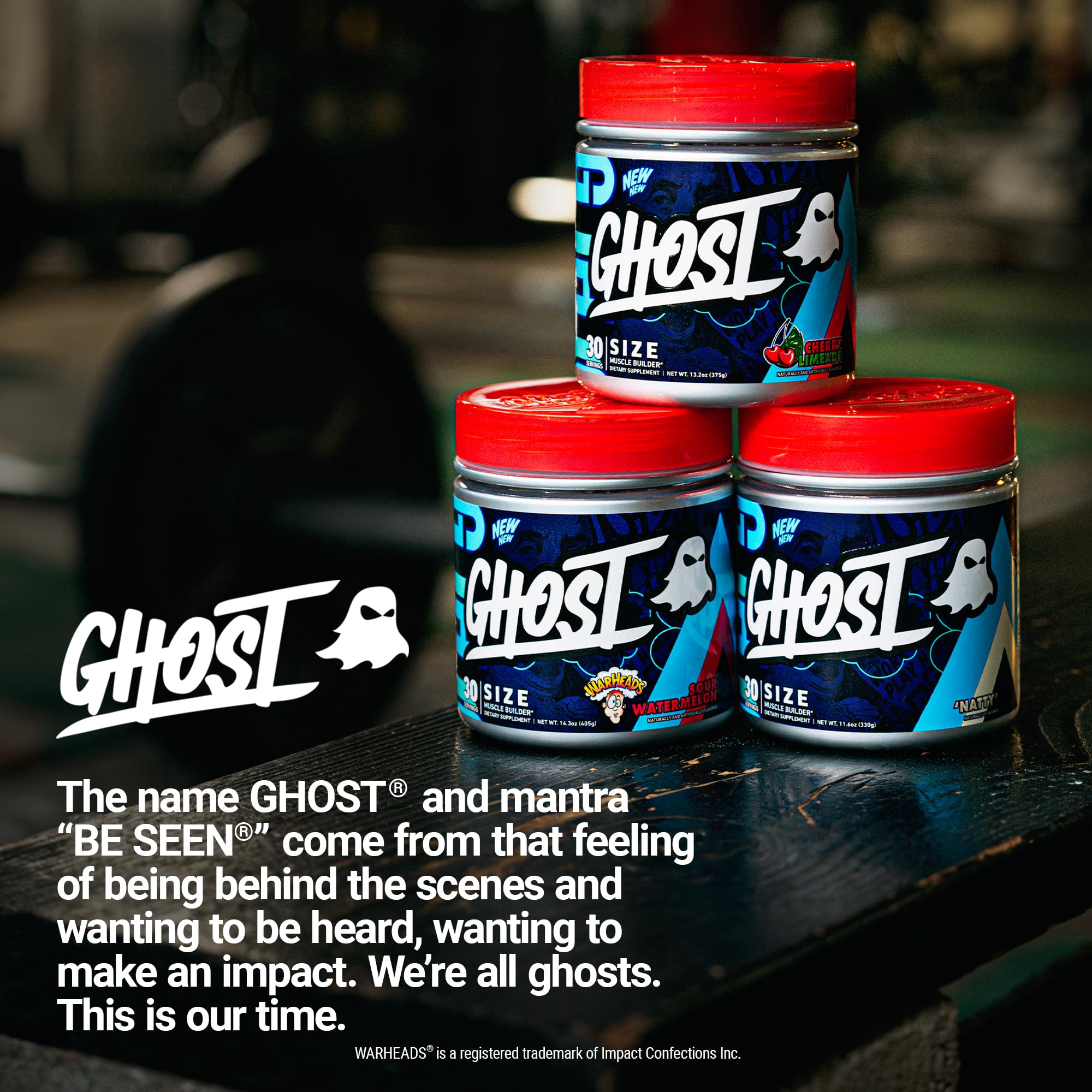 Ghost Size V3 tub on shelf—bold branding with gluten-free and sugar-free claims.