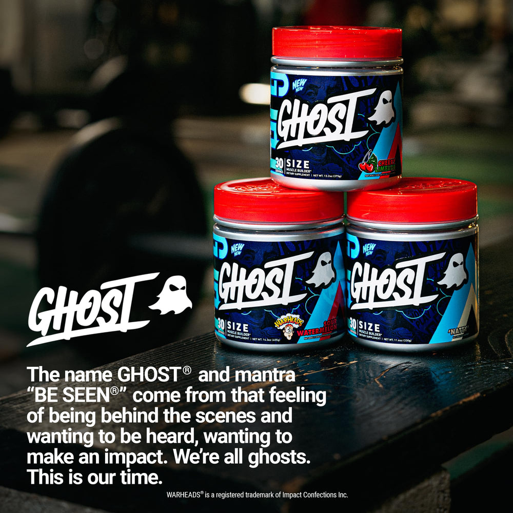 Ghost Size V3 tub on shelf—bold branding with gluten-free and sugar-free claims.