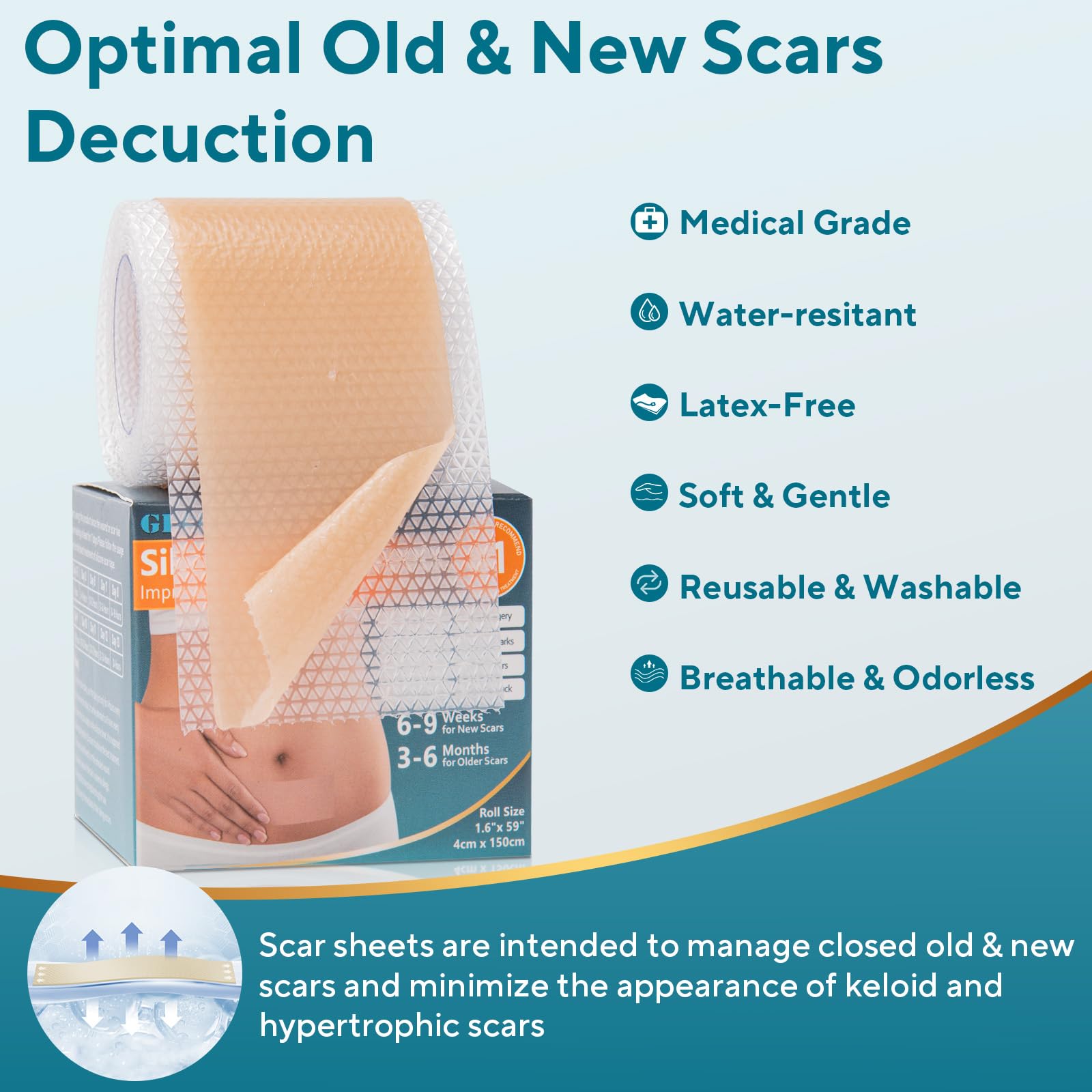 GIATENL silicone scar sheet flexes to fit a joint area for flexible coverage.