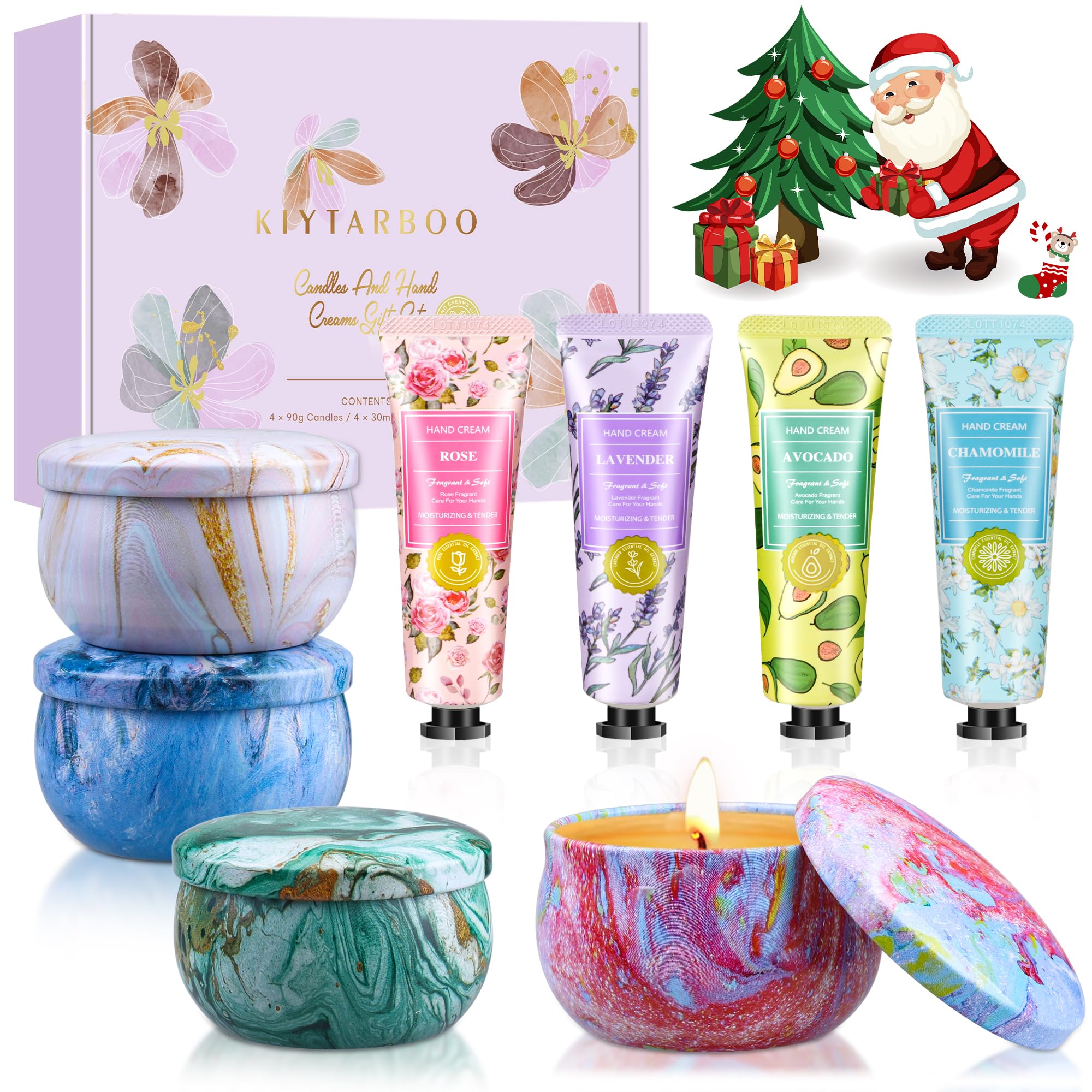 Gift basket showing four hand creams and four scented candles