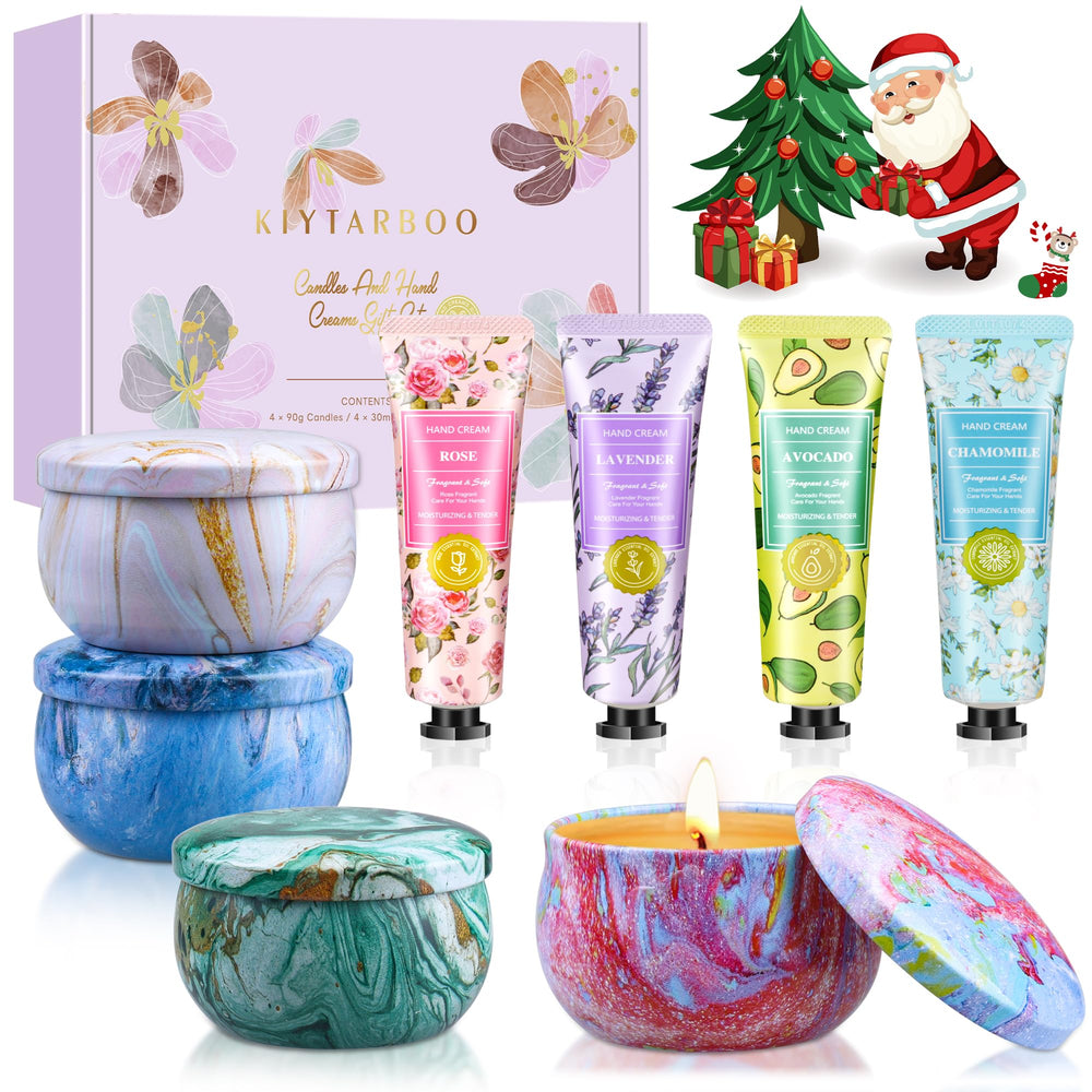 Gift basket showing four hand creams and four scented candles