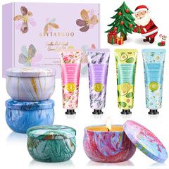 Gift basket showing four hand creams and four scented candles