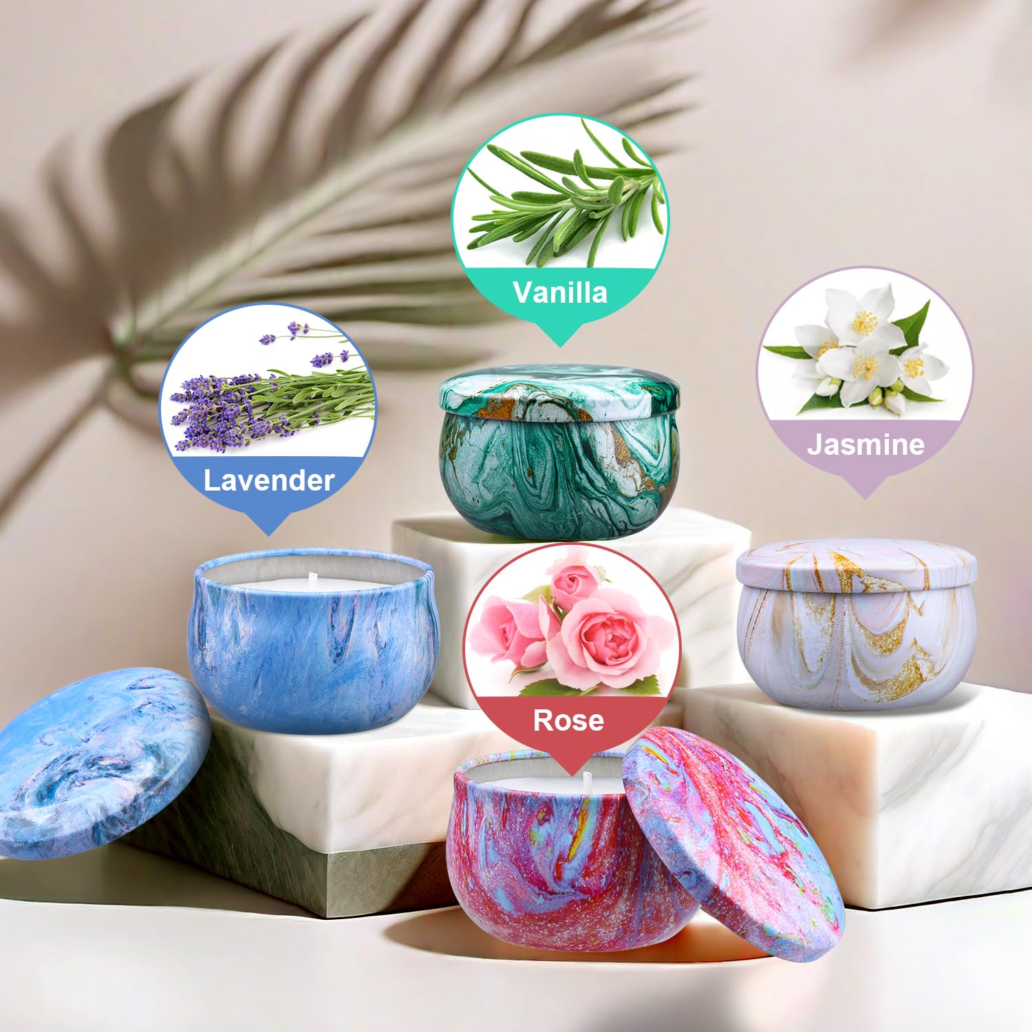 Set of four lavender, rose, jasmine, and lemon scented candles