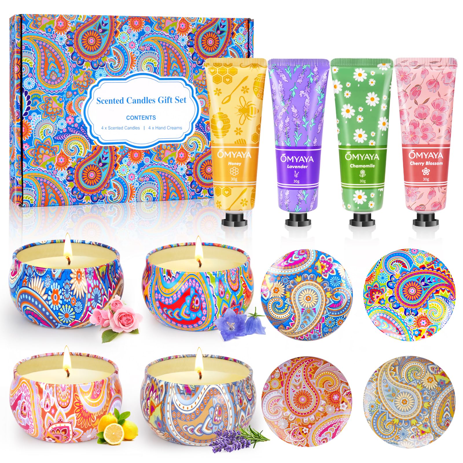 Gift set for women with 4 hand creams and 4 scented candles