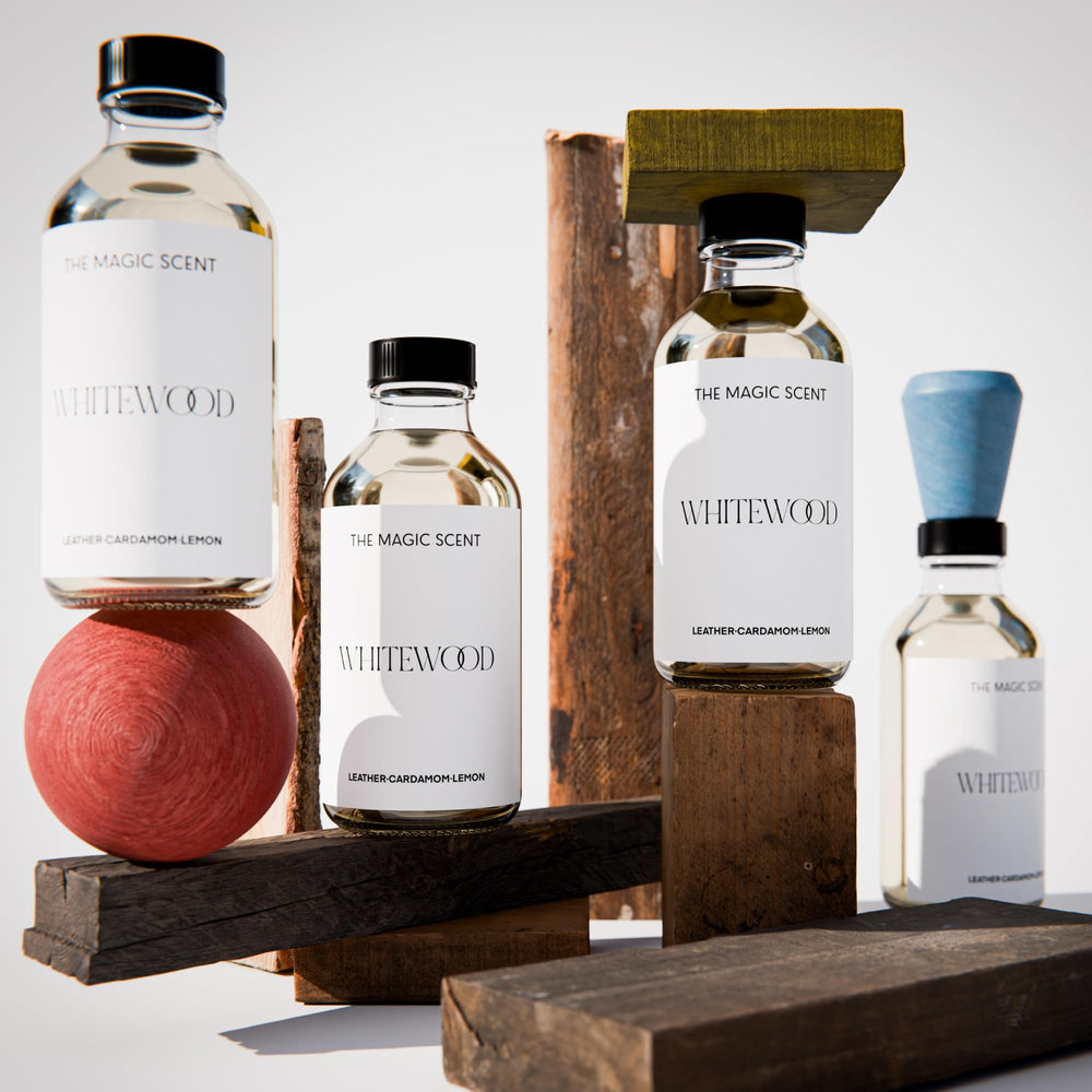 Gift-ready packaging for The Magic Scent Whitewood Diffuser Oil.