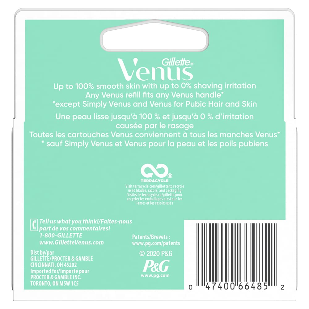 Gillette Venus Smooth Sensitive cartridges packaging closeup showcasing easy grip design.