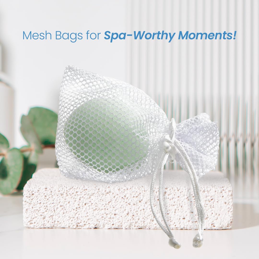 Shower bag holding bath bombs and oil shower steamers