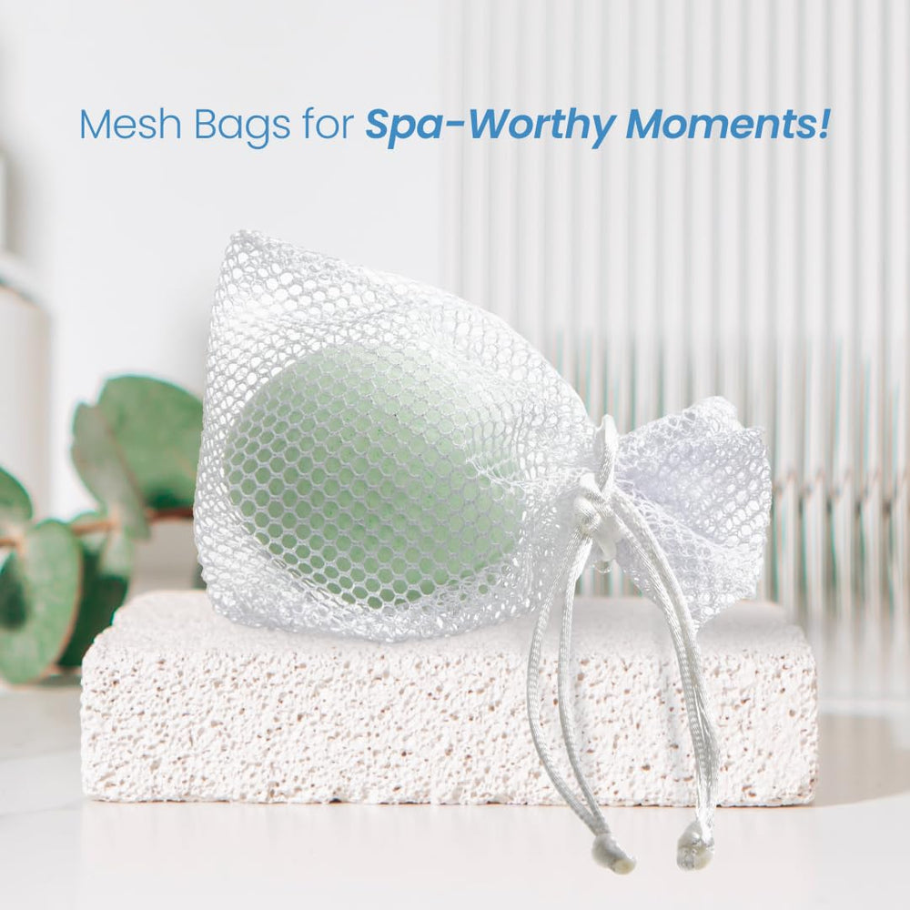 Shower bag holding bath bombs and oil shower steamers