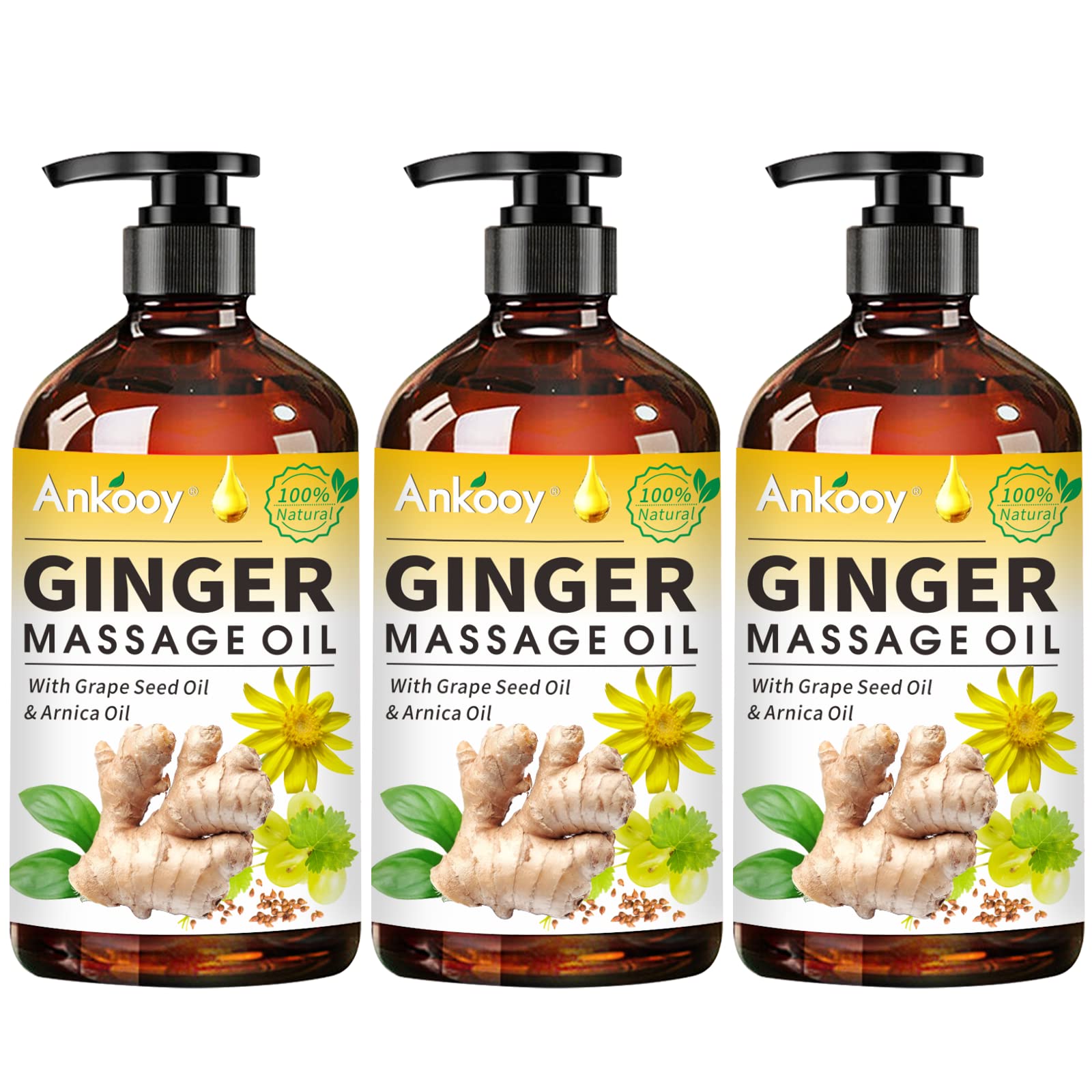 Three-pack ginger massage oil bottles – front view