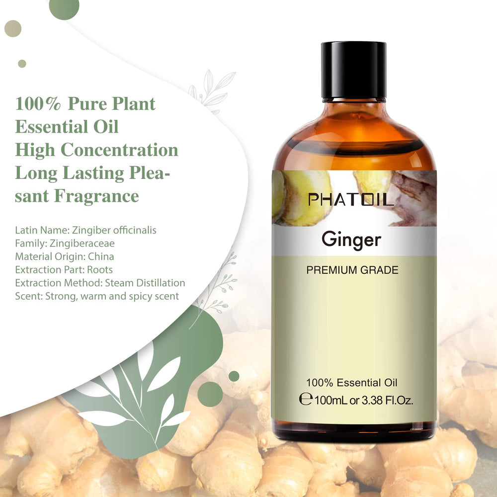 Close-up of Ginger Essential Oil 100ml bottle and label