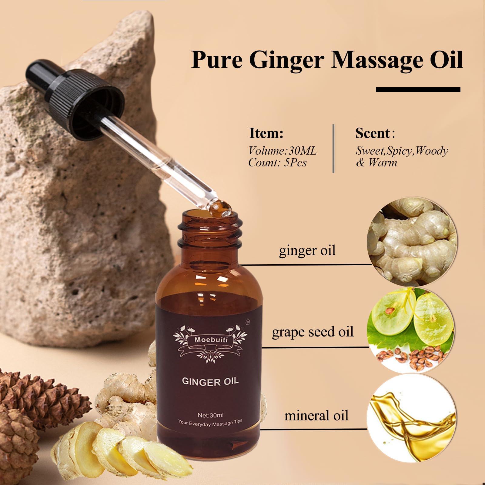Close-up of pure ginger essential oil bottle