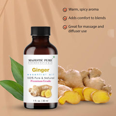 Amber glass bottle of Majestic Pure Ginger Oil with label