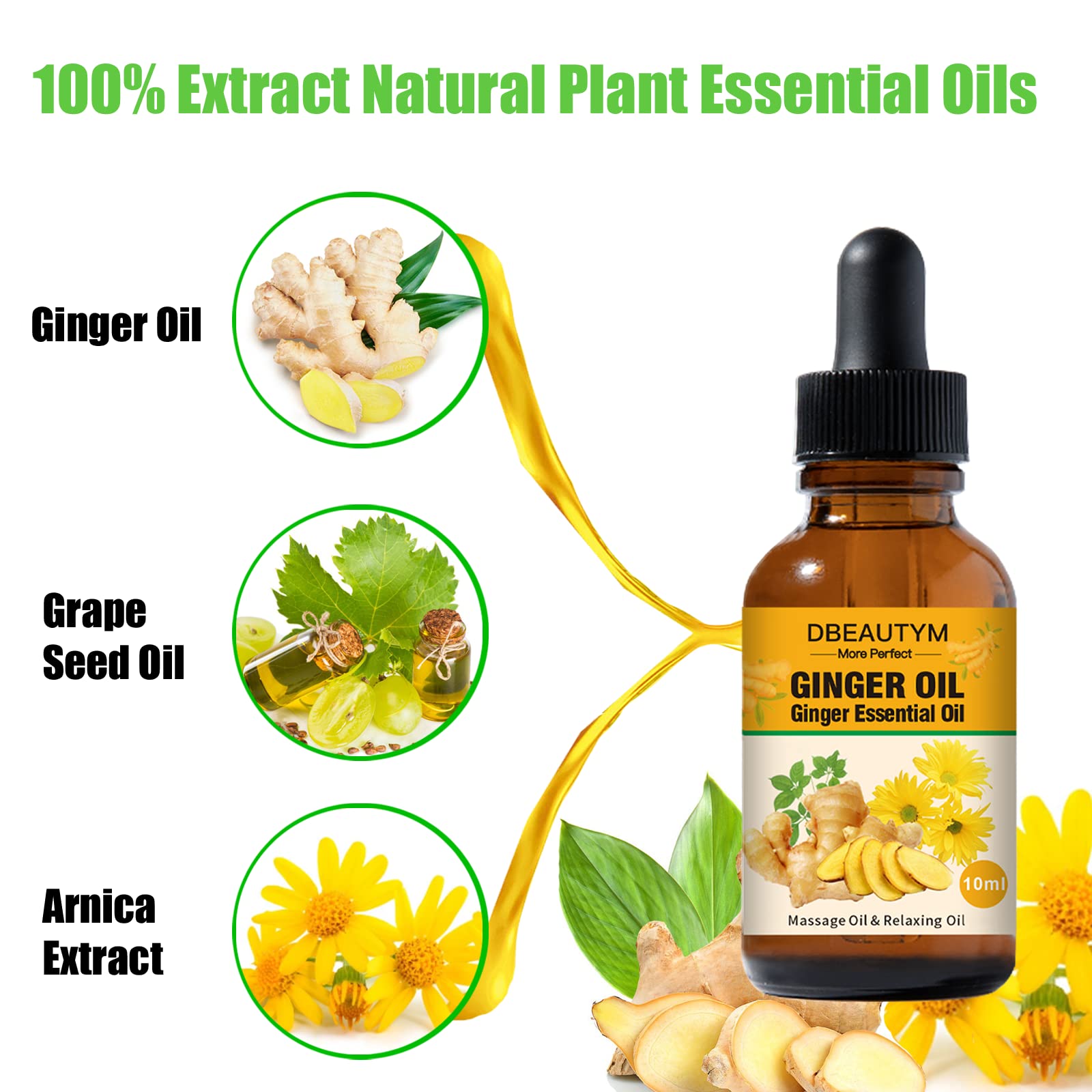 Close up of ginger oil bottle with ingredients