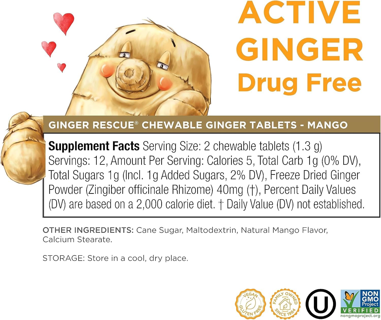 Non-GMO, vegan and gluten-free claim on Ginger Rescue packaging