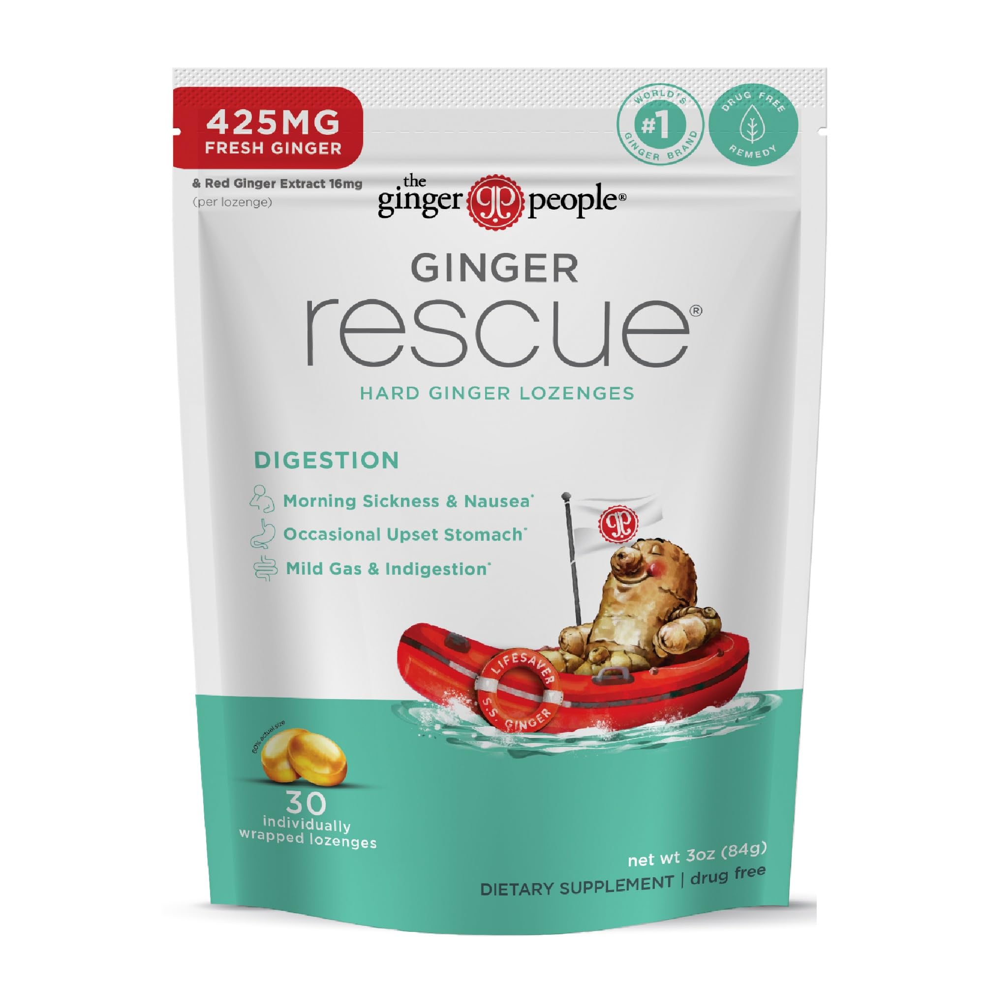 Ginger Rescue Digestive Wellness Lozenges Regular Strength packaging and label