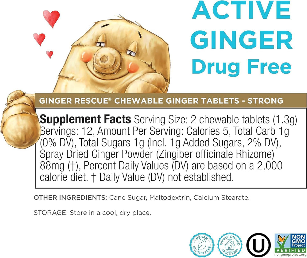 Ginger Rescue Chewable Tablets packaging with label and weight