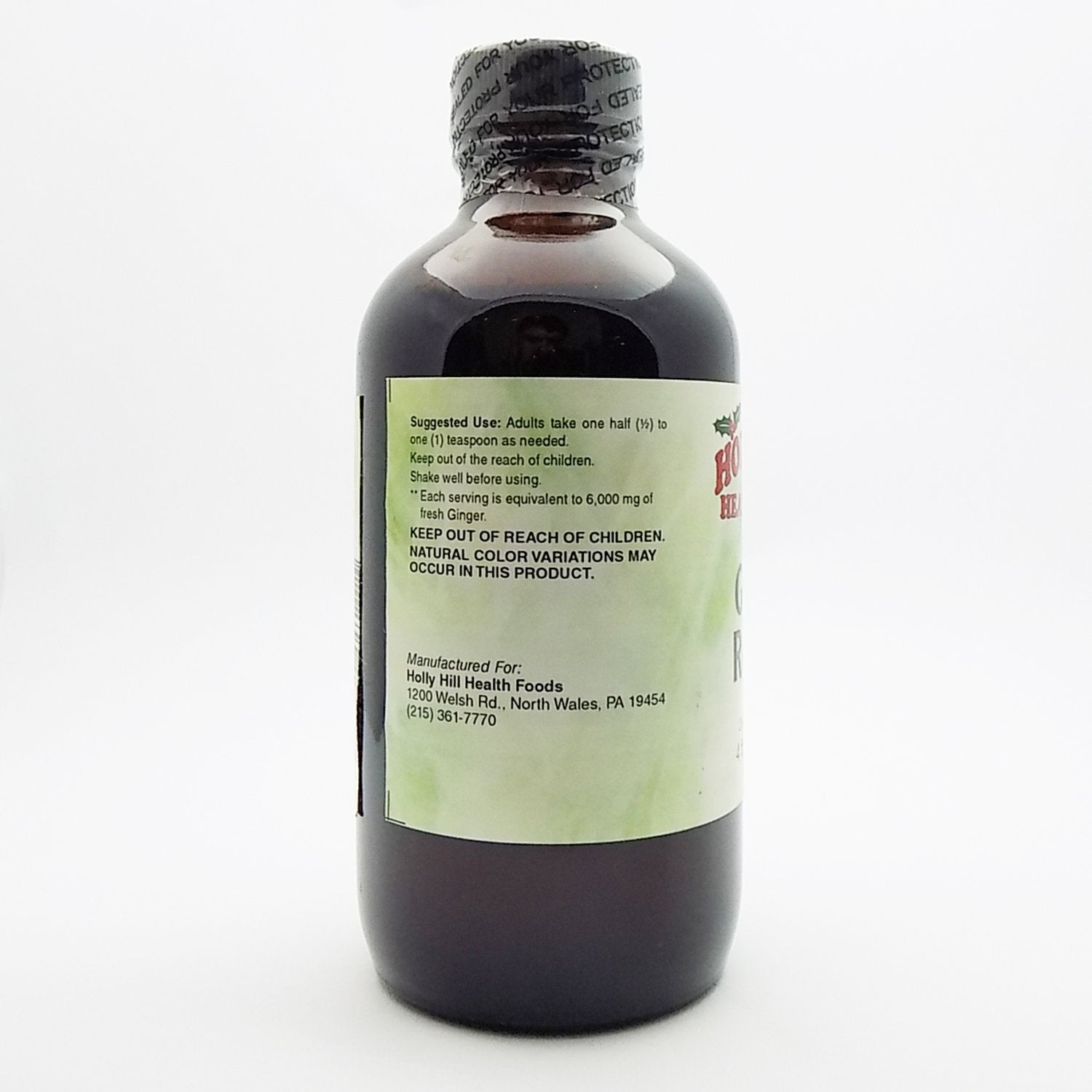 Ingredients and label of Ginger Rescue Syrup by Holly Hill Health Foods
