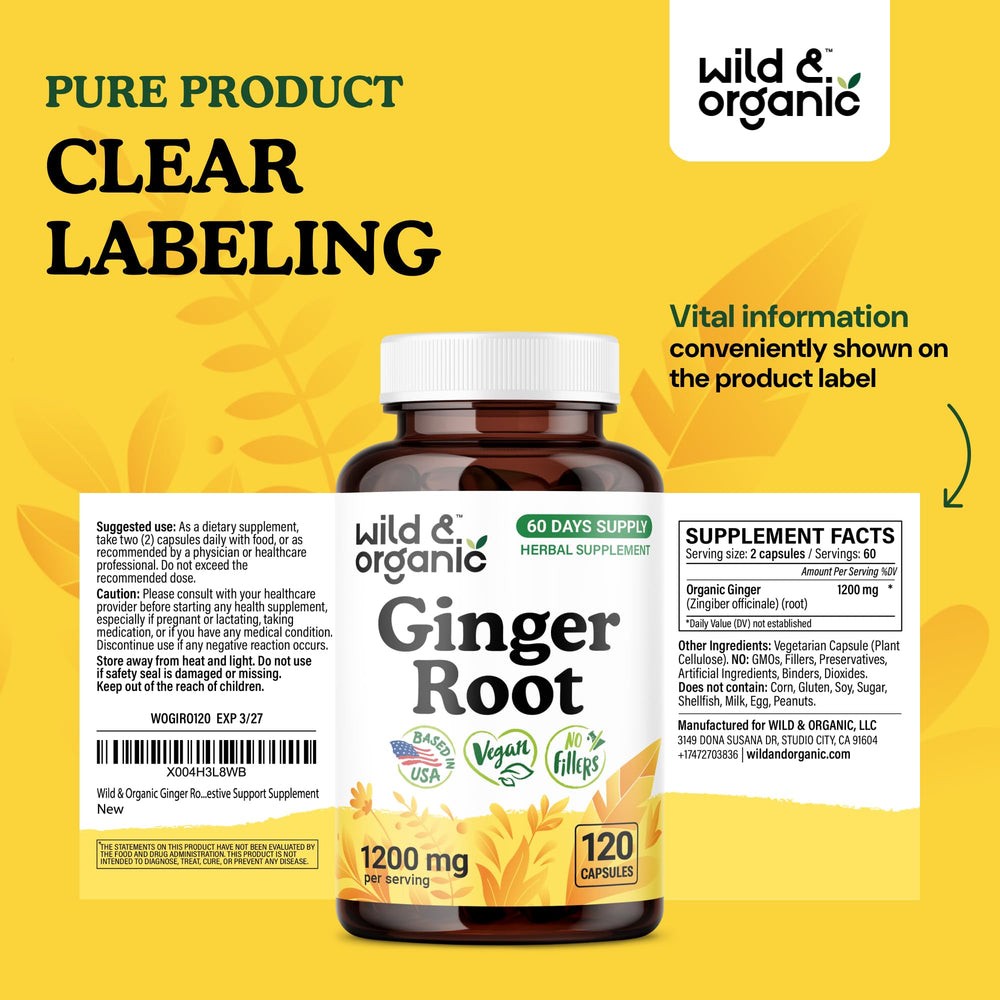 Supplement facts label for ginger root capsules