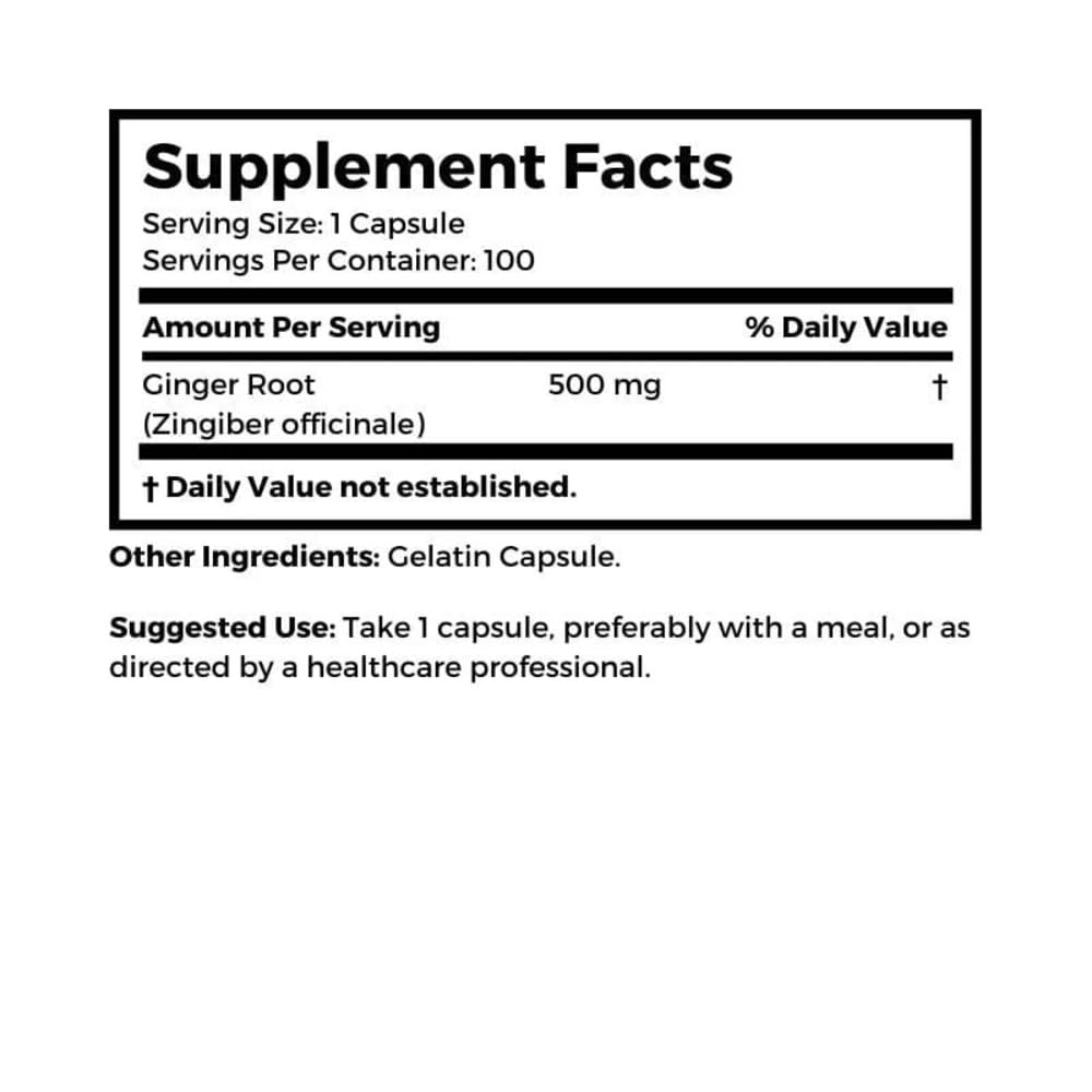 Ingredients label showing ginger root and other ingredients