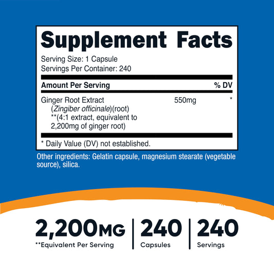 Close-up of Ginger Root Extract 4:1 550mg equivalent label