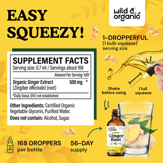 Close-up of ginger extract drops showing 500 mg per serving
