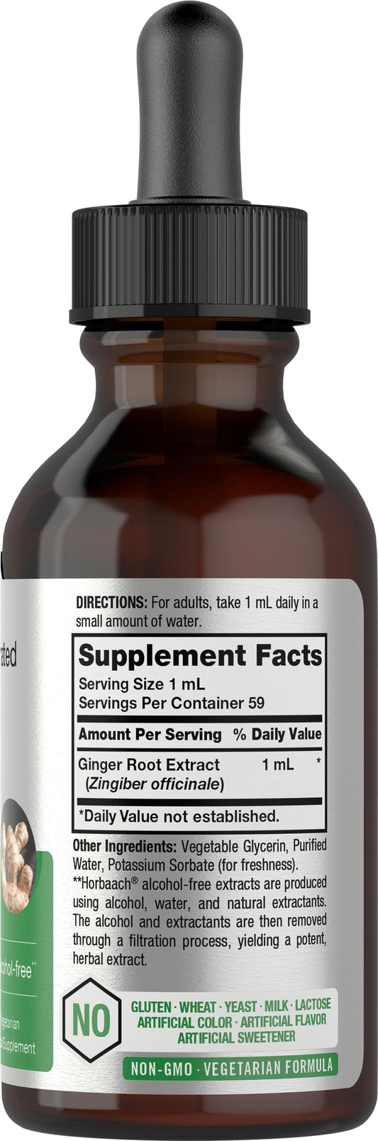 Ginger root liquid extract label indicating gluten-free and non-GMO