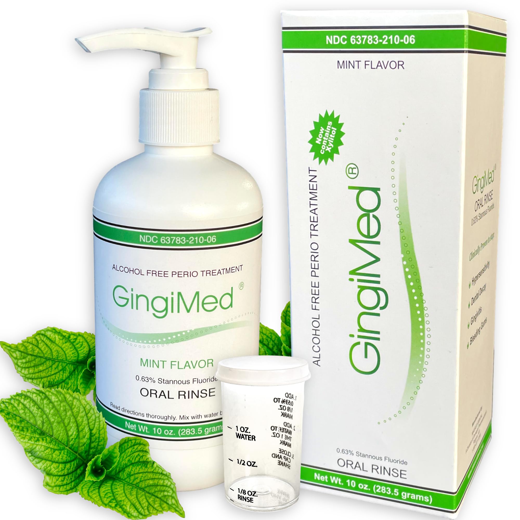 Front view of GingiMed Mint Flavored 0.63% Stannous Fluoride Dental Rinse bottle, 10 oz