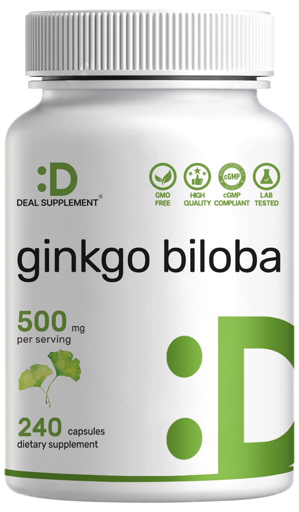 Front view of Ginkgo Biloba 500mg capsules bottle