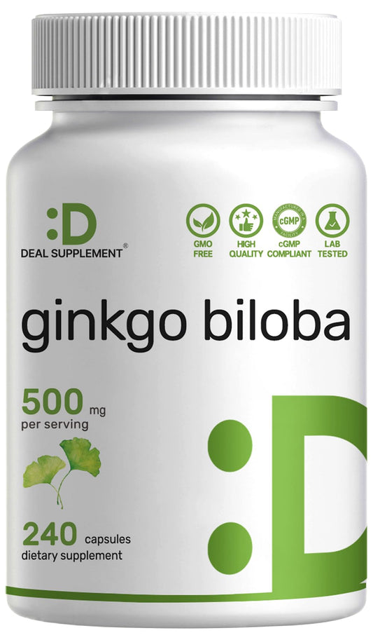 Front view of Ginkgo Biloba 500mg capsules bottle