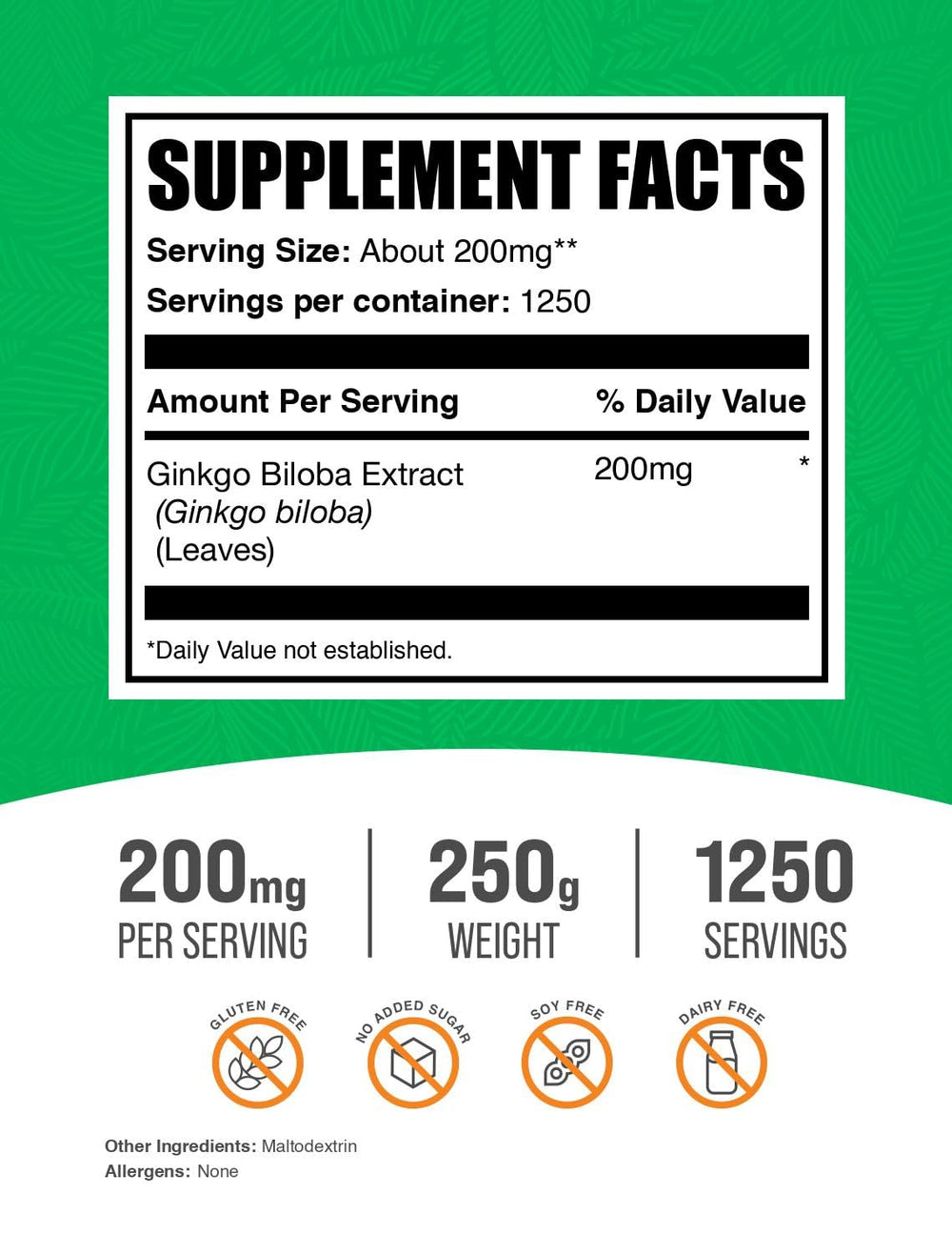 Ginkgo Biloba Extract Powder 250g with scoop and label