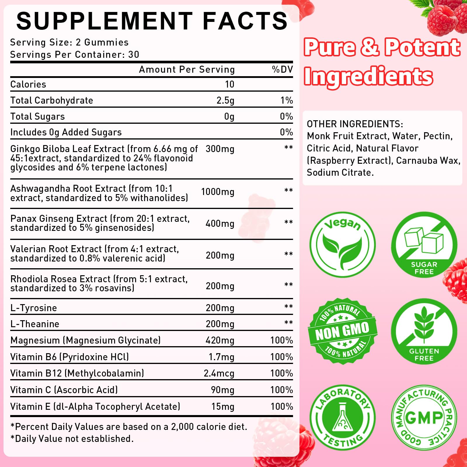 Ingredients panel showing Ginkgo Biloba, Panax Ginseng, Rhodiola, Magnesium, L-Tyrosine, L-Theanine