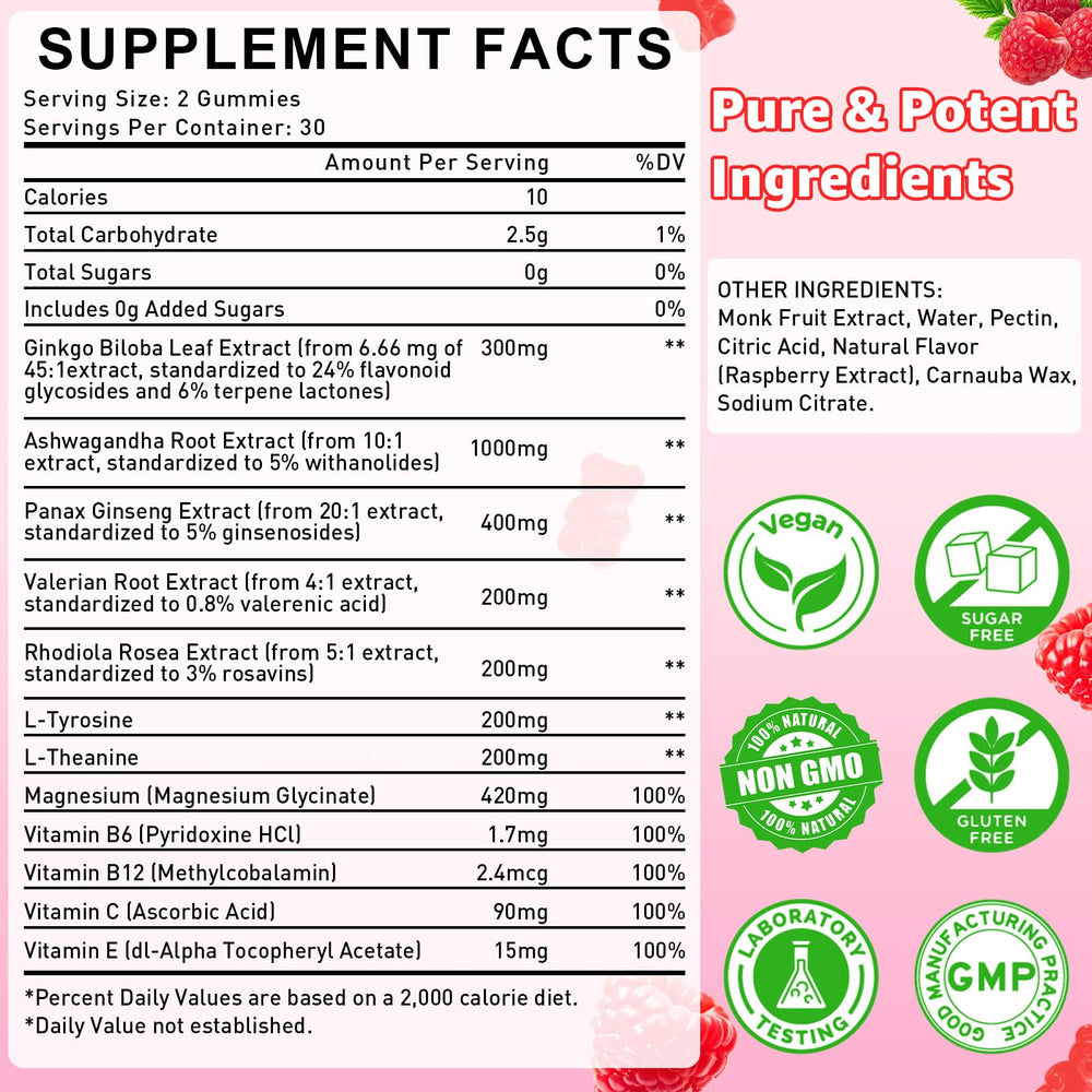 Ingredients panel showing Ginkgo Biloba, Panax Ginseng, Rhodiola, Magnesium, L-Tyrosine, L-Theanine