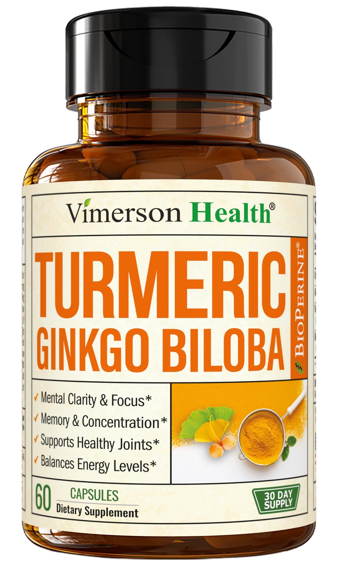 Ginkgo Biloba and Turmeric supplement bottle with 60 vegan capsules (hero image)
