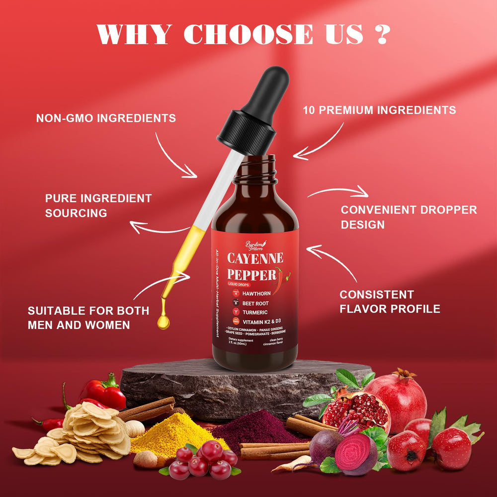 Ginseng and Ceylon cinnamon alongside cayenne pepper drops