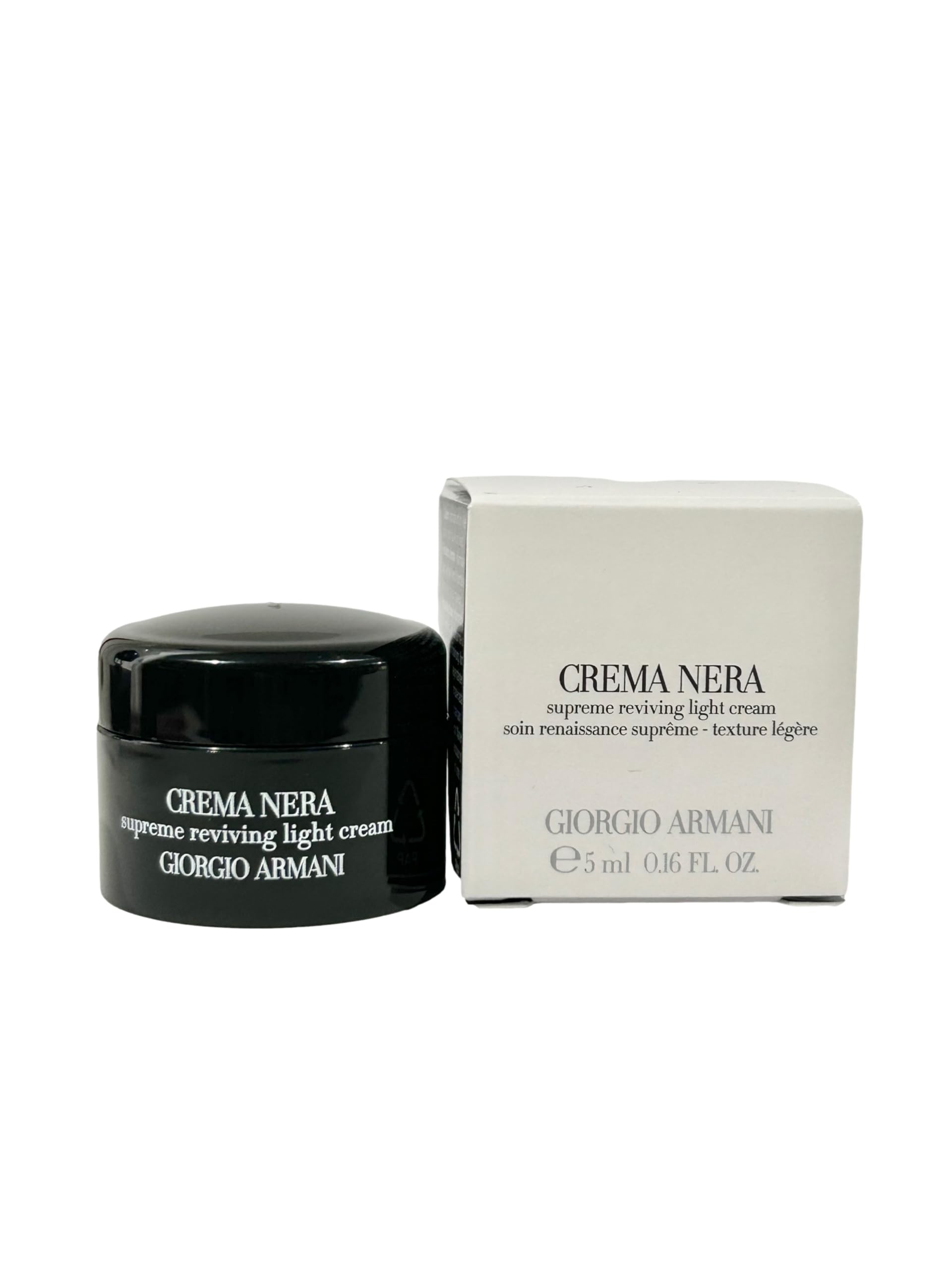 Giorgio Armani Supreme Reviving Light Cream packaging detail emphasizes travel-friendly design.