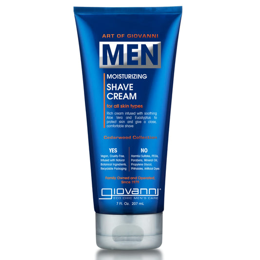 Giovanni Cream Shave Cedarwood packaging highlights premium design for easy handling