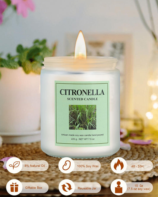 Four 7.7 oz citronella candles in frosted jars