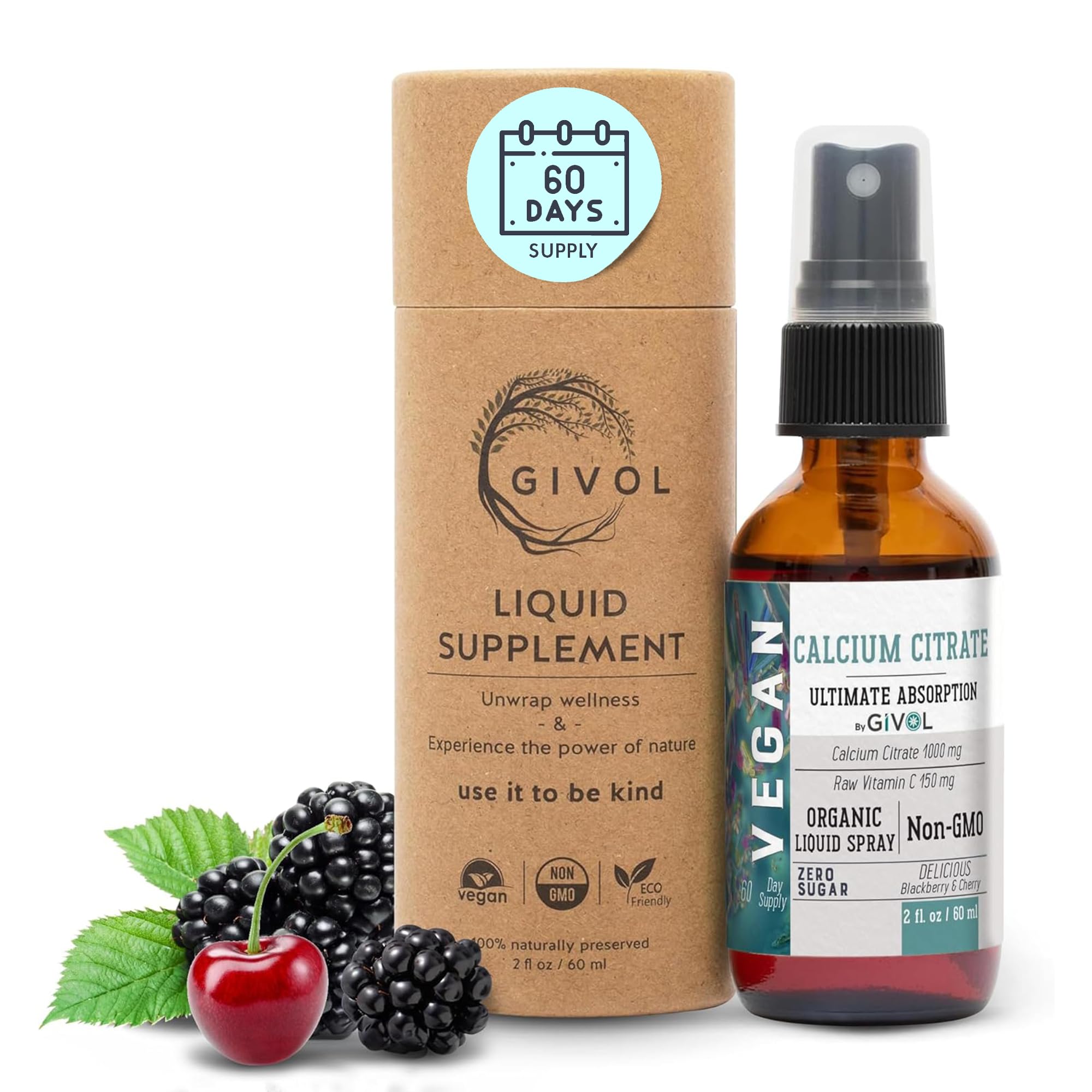 Front view of GIVOL Liquid Calcium Citrate spray bottle – 2oz (60ml)