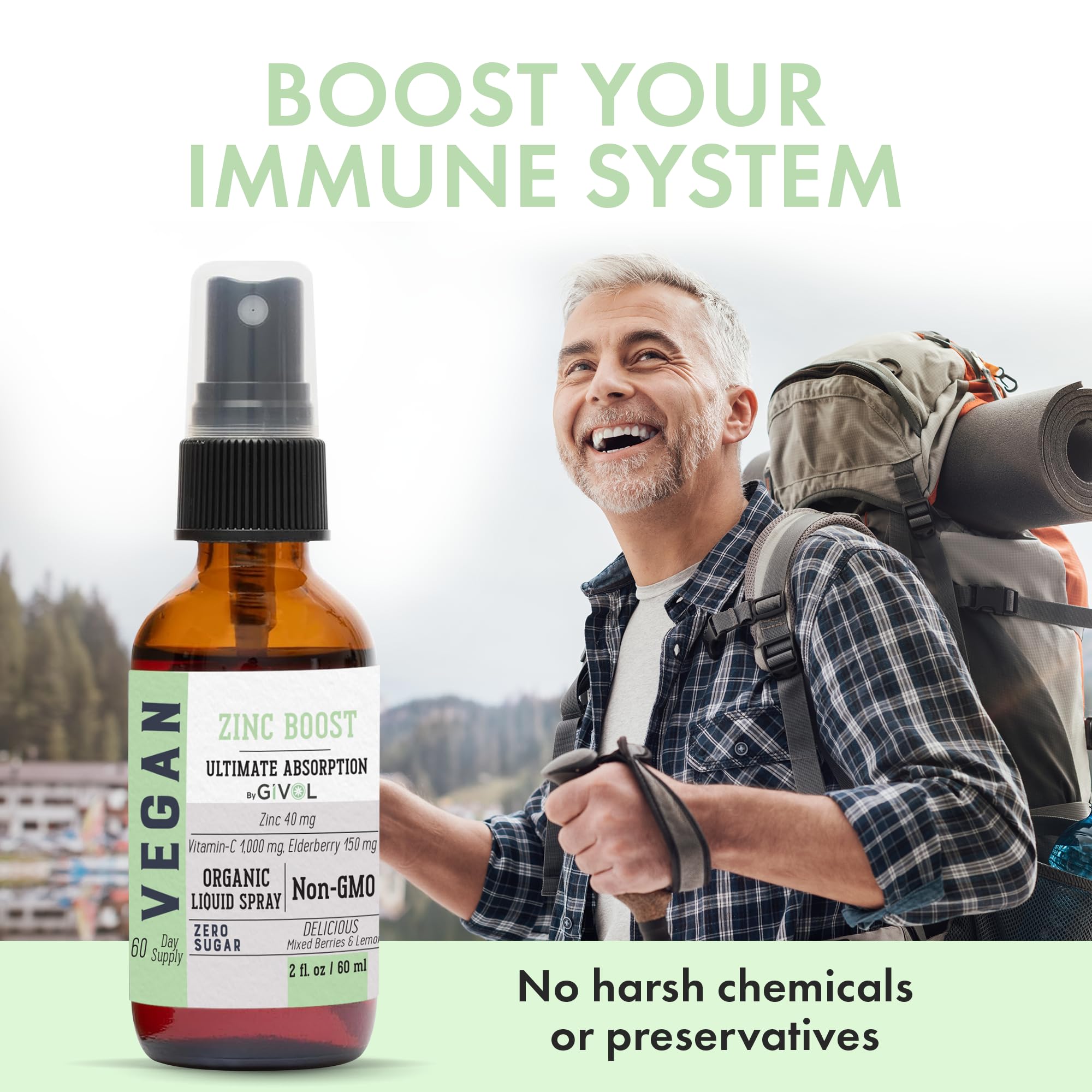 Sugar-free icon on GIVOL ZINC Boost Mist packaging