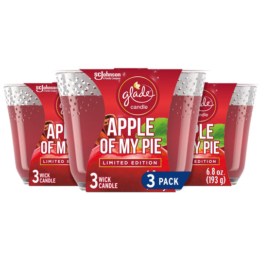 Vela Glade Apple Of My Pie, vela de tres mechas para ambientar reuniones con aroma a manzana y canela.