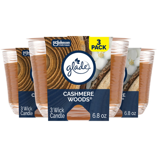 Glade Cashmere Woods 3-Wick Candle front view