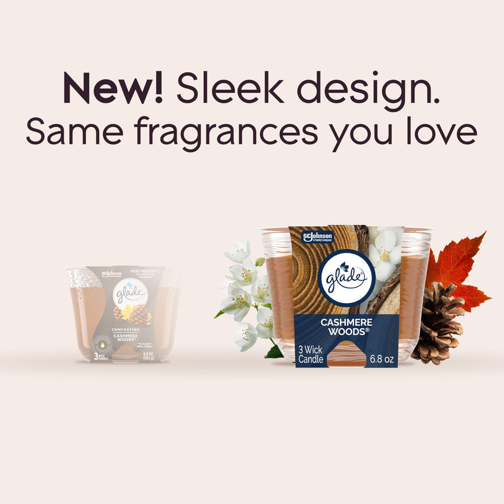 Gift-ready packaging for Glade Cashmere Woods 3-Wick Candle