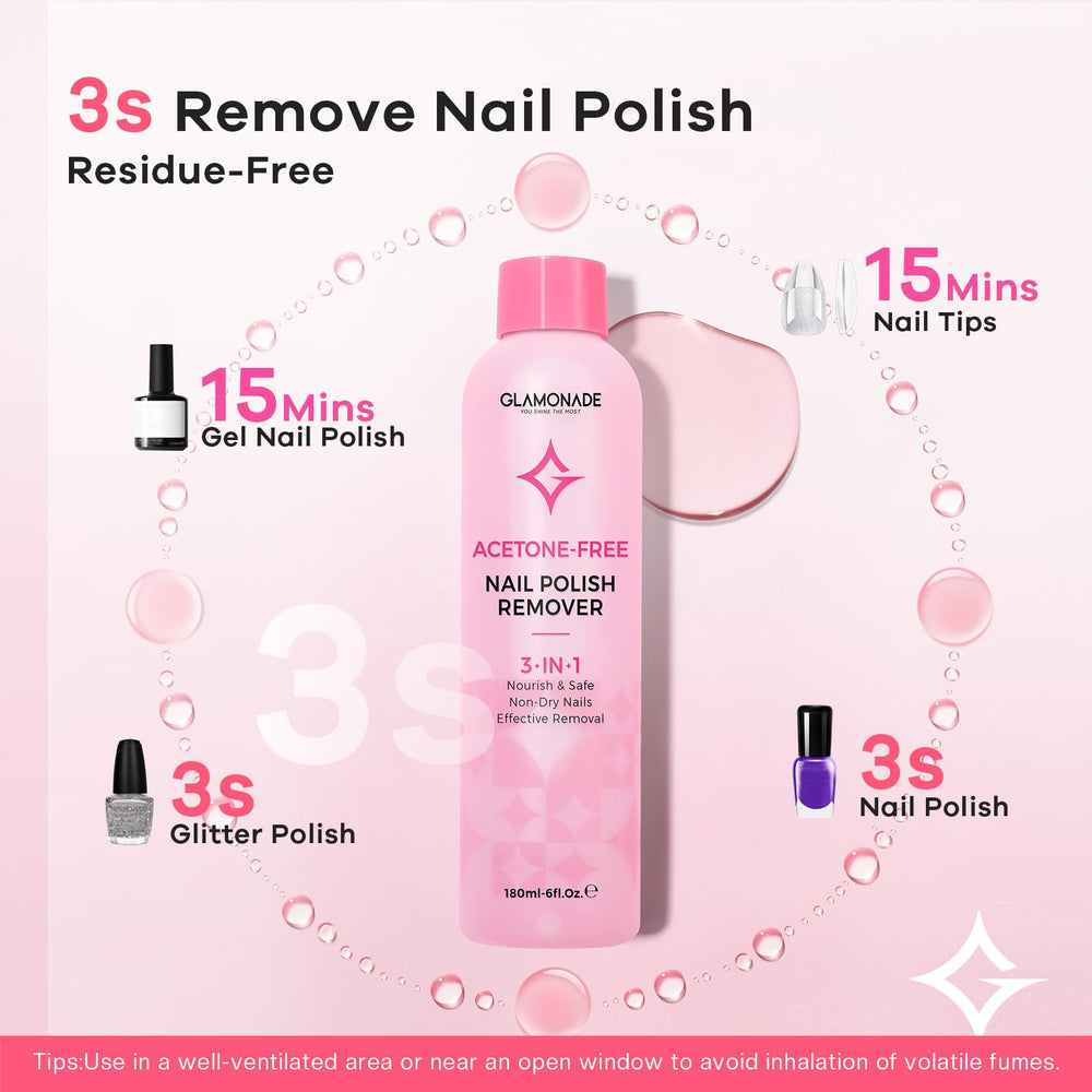 Glamonade non-acetone formula preserves nail health during removal.