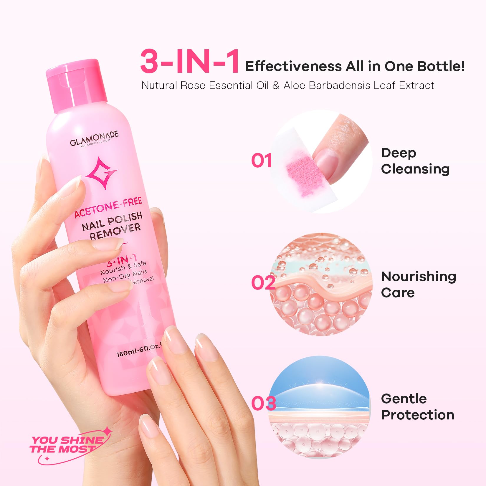 Glamonade non-acetone formula preserves nails during removal.