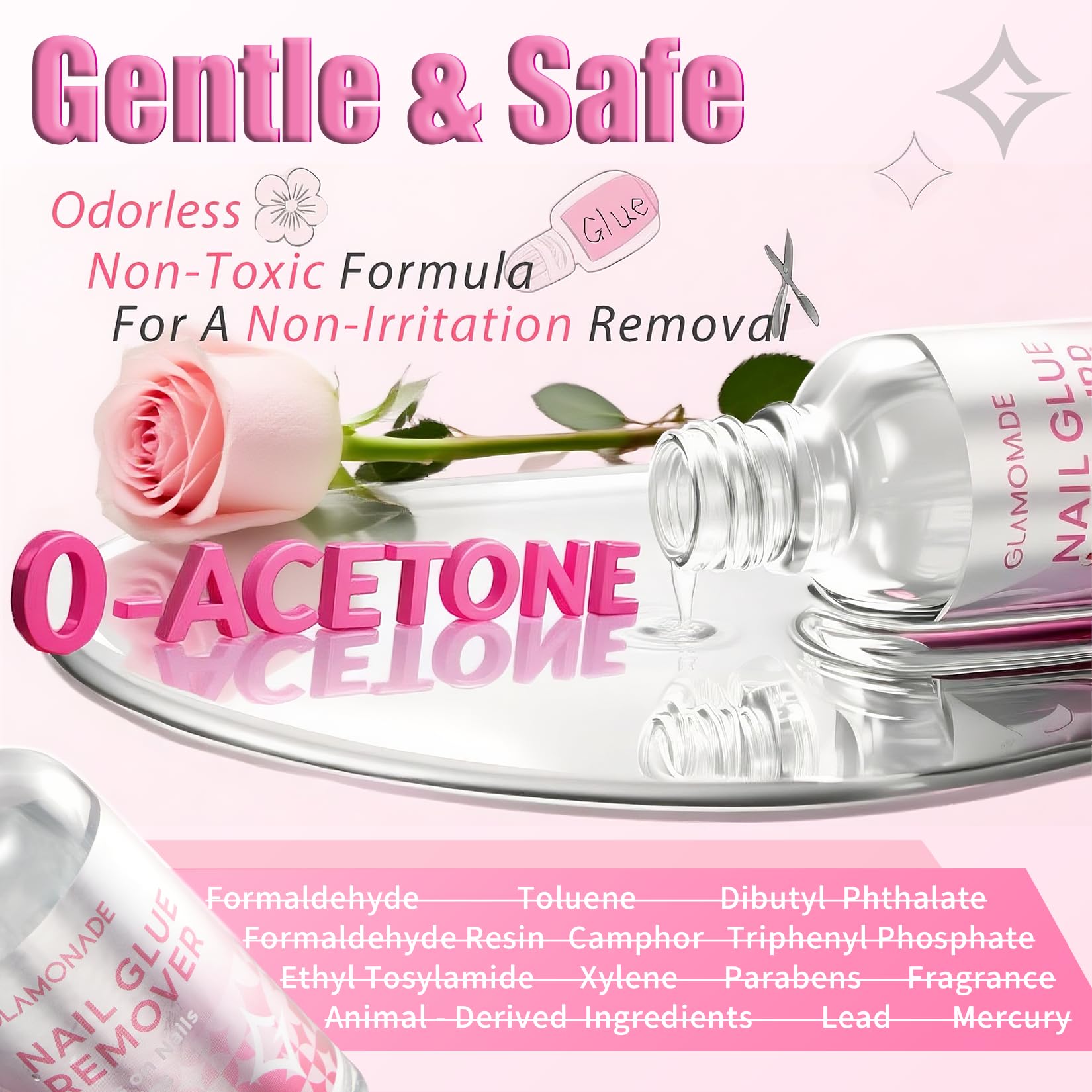 Glamonade non-acetone remover protects skin during adhesive removal.