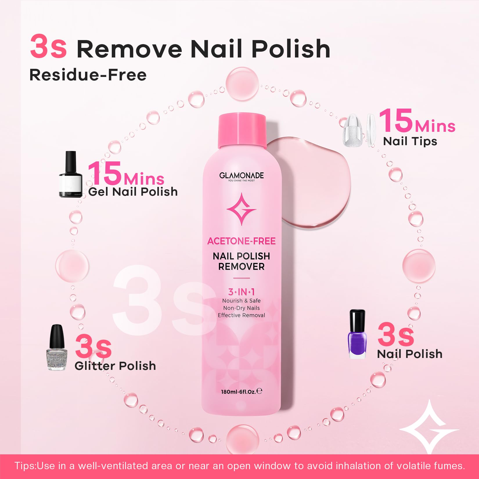 Glamonade rose seed oil enriches the remover to nourish nails.