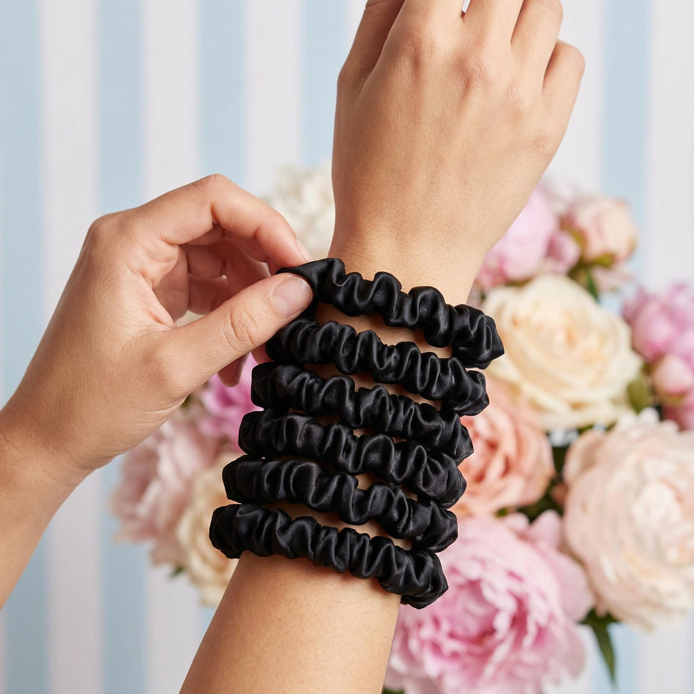 Glampton Satin Scrunchies in packaging display, six-piece set for versatile styling.