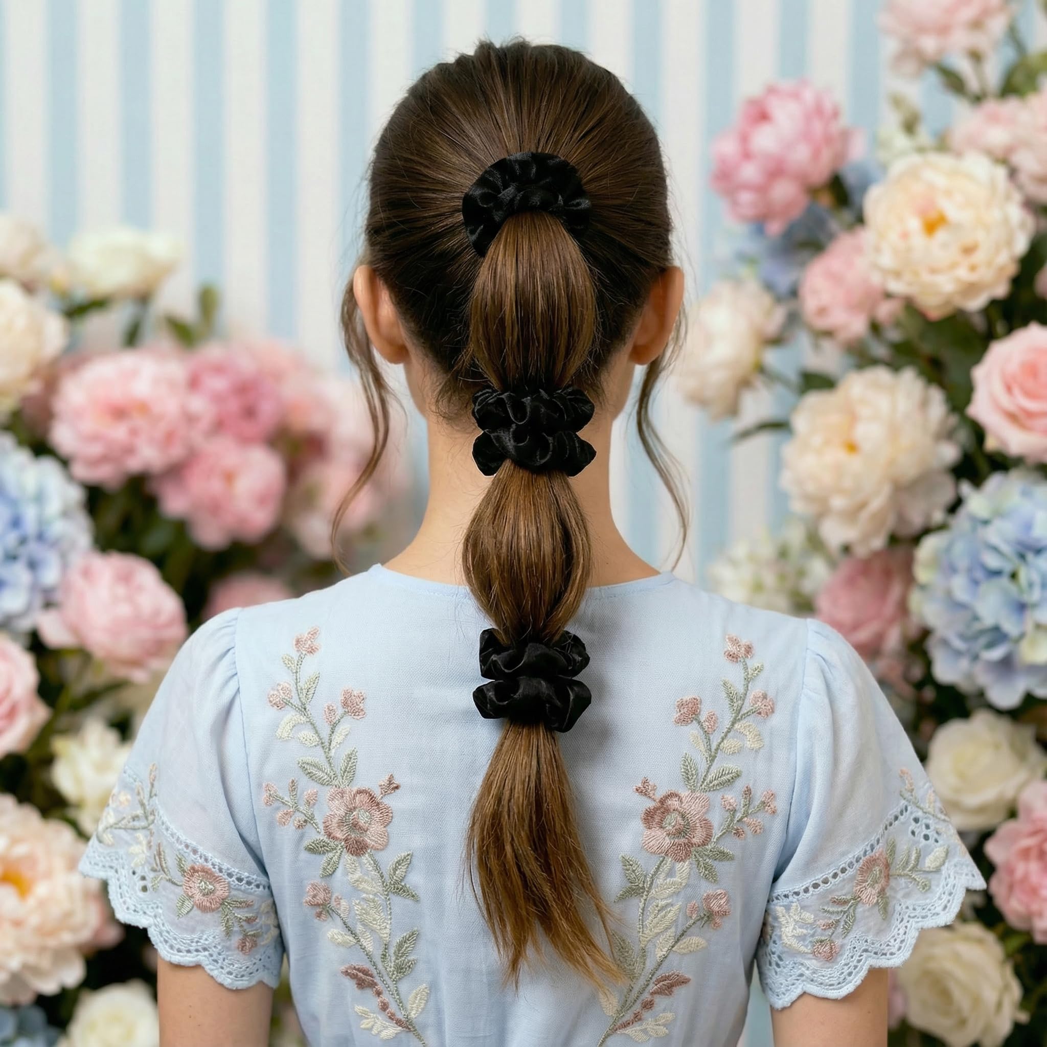 Glampton Satin Scrunchies worn in a ponytail, gentle grip prevents dents.