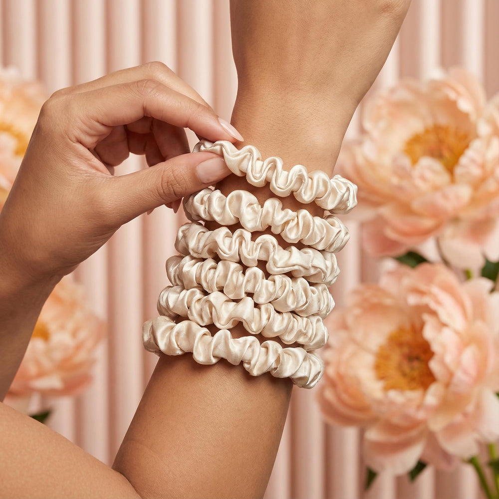 Glampton Satin Scrunchies ponytail-hair beauty shot showing dent-free wear and secure hold.